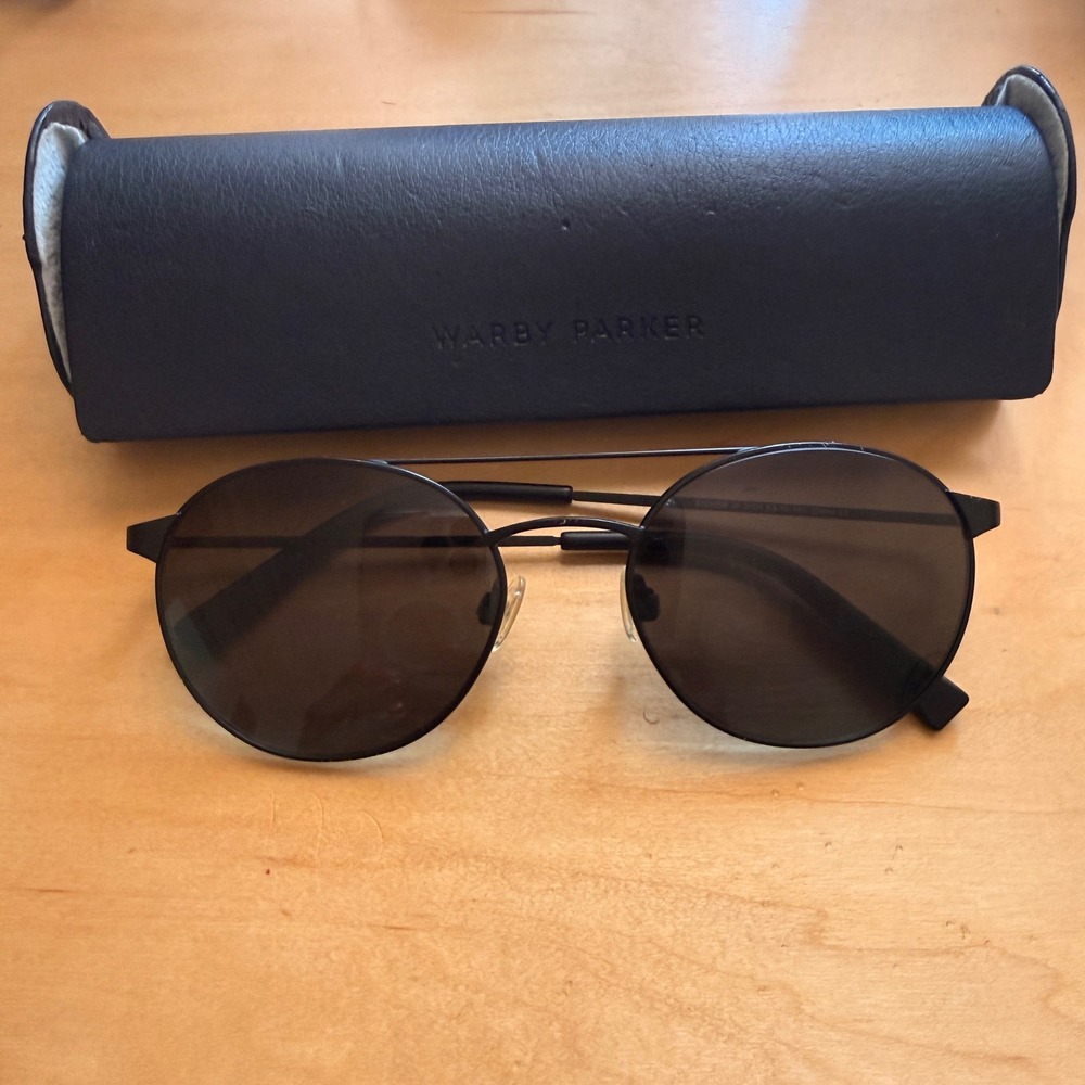 Warby Parker Fisher Sunglasses Matte Black Round Aviator Double Bridge with Case